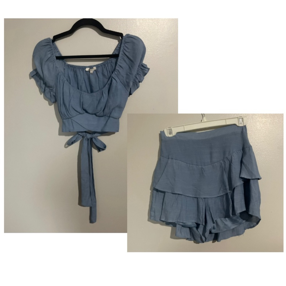 Love Tree Dusty Blue Ruffled Blouse and Skort Set